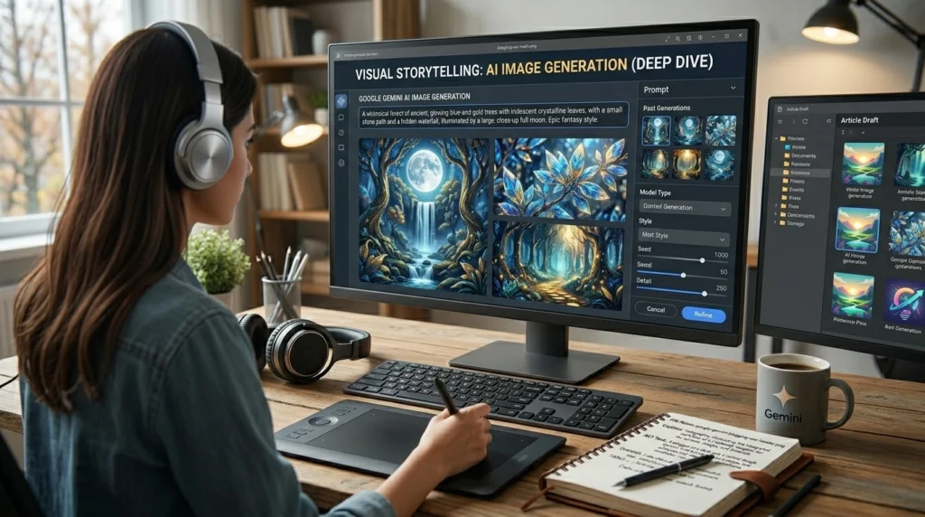 Abstract digital workspace showing Google Gemini AI generating exclusive blog images and Pinterest visuals.