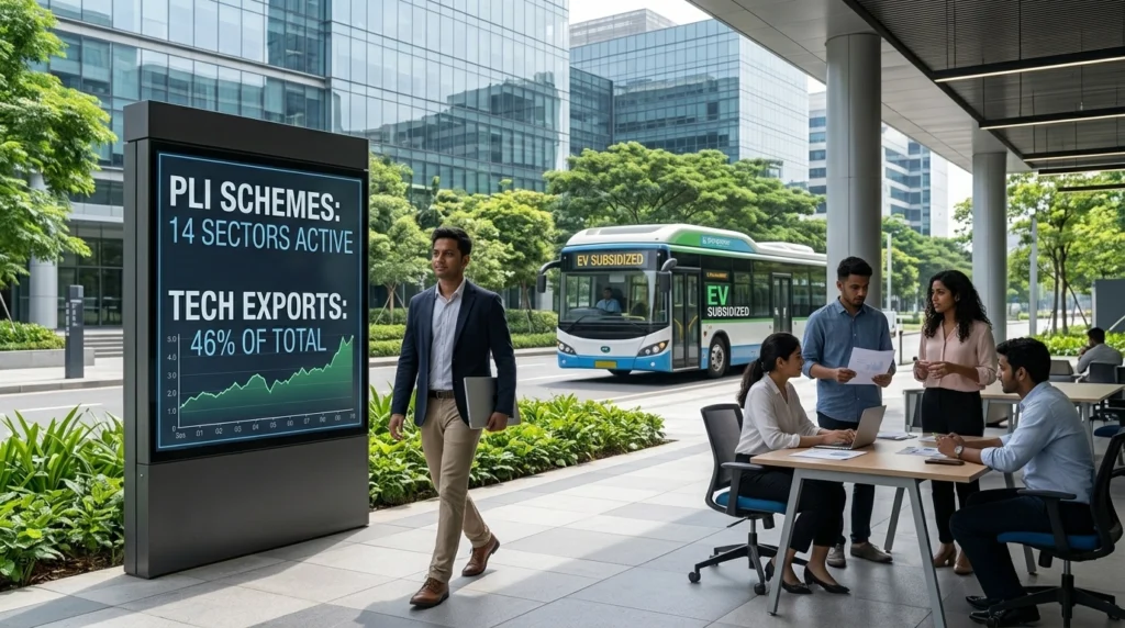 A vibrant scene at a Bengaluru tech hub showcasing **Emerging Market Digital Growth** in 2026. A digital billboard displays "PLI SCHEMES: 14 SECTORS ACTIVE" and "TECH EXPORTS: 46% OF TOTAL," while a subsidized electric bus passes by. Young professionals are seen collaborating in a modern, open-air workspace, illustrating India's economic expansion.