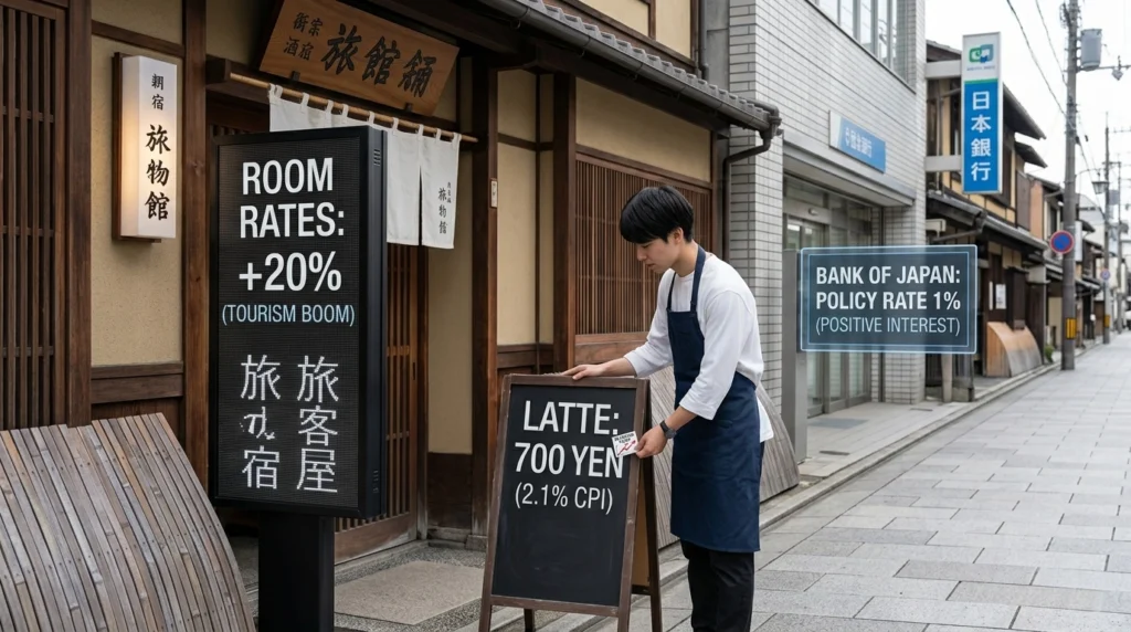 A street in Kyoto, Japan, showing the visual impact of a shifting **Yen Monetary Policy**. A digital sign displays a "Bank of Japan Policy Rate: 1%" while a coffee shop chalkboard lists a latte at 700 Yen (2.1% CPI). A sign for a traditional Ryokan (inn) shows a 20% room rate increase due to the tourism boom, illustrating the transition from deflation to inflation.