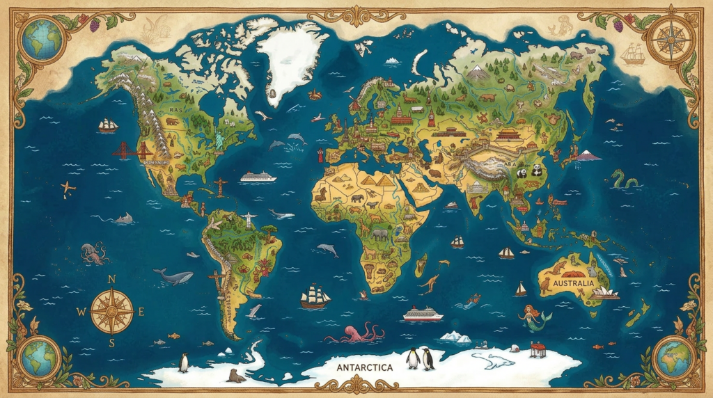 World map showing continents with illustrated landmarks, animals, and cultural icons in each region