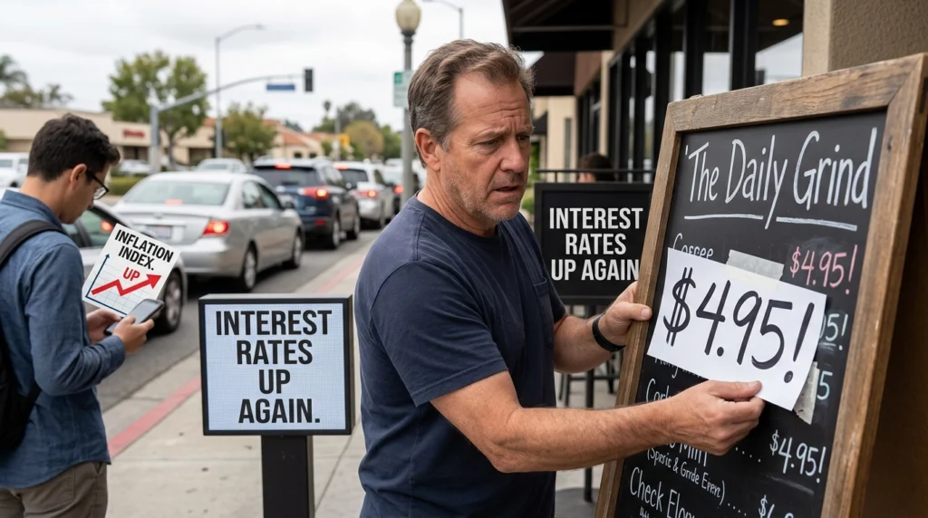 A candid photo of a US coffee shop owner manually updating a chalkboard price sign to $4.95, illustrating the ground-level impact of US Economic Inflation in 2026. Next to him, a digital display confirms "INTEREST RATES UP AGAIN." This scene highlights the aggressive federal strategy to stabilize purchasing power.